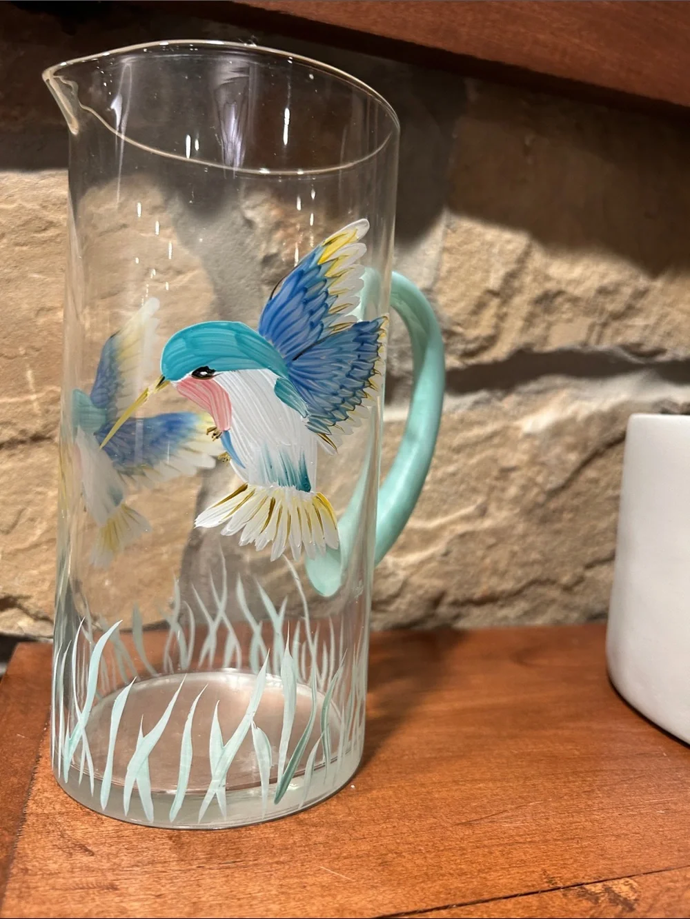 Hand-Painted Glass Pitcher with Colorful Hummingbirds